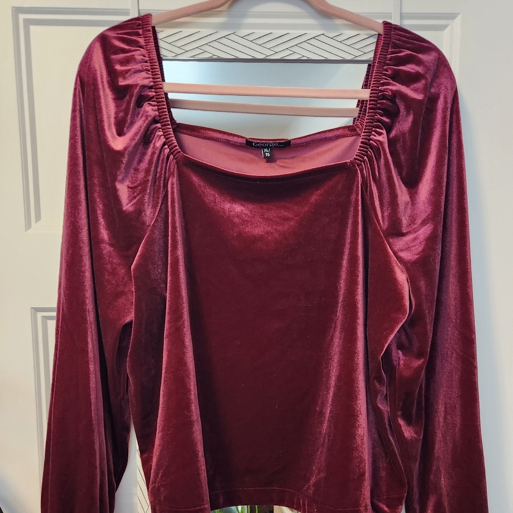 George Velvet Square-Neck Long Sleeve Top - Wine